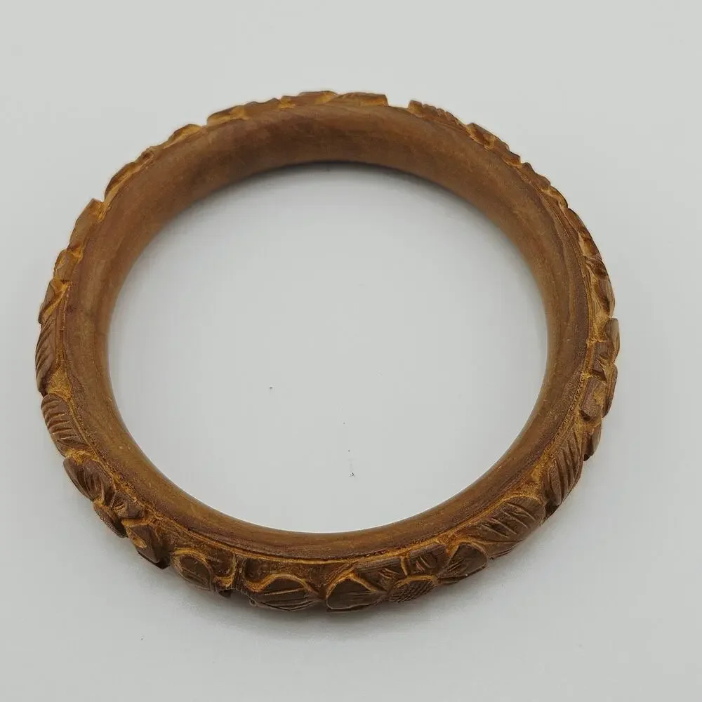 Carved Wood Style Bangle Bracelet Brown Tropical Floral Beachy Surfer Bohemian